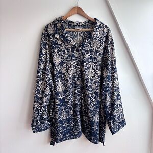 Catherines Women's Navy and Cream Button Up Tunic Top Shirt Cuffed Sleeve Sz 4X